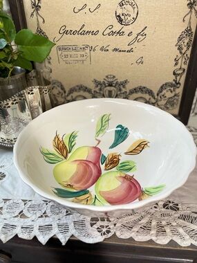 Vintage handpainted fruit white Ironstone fluted serving bowl